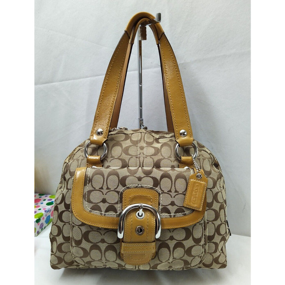 Coach Signature Brown Canvas Leather Trim Buckle Pocket Domed Satchel Bag - Picture 1 of 14